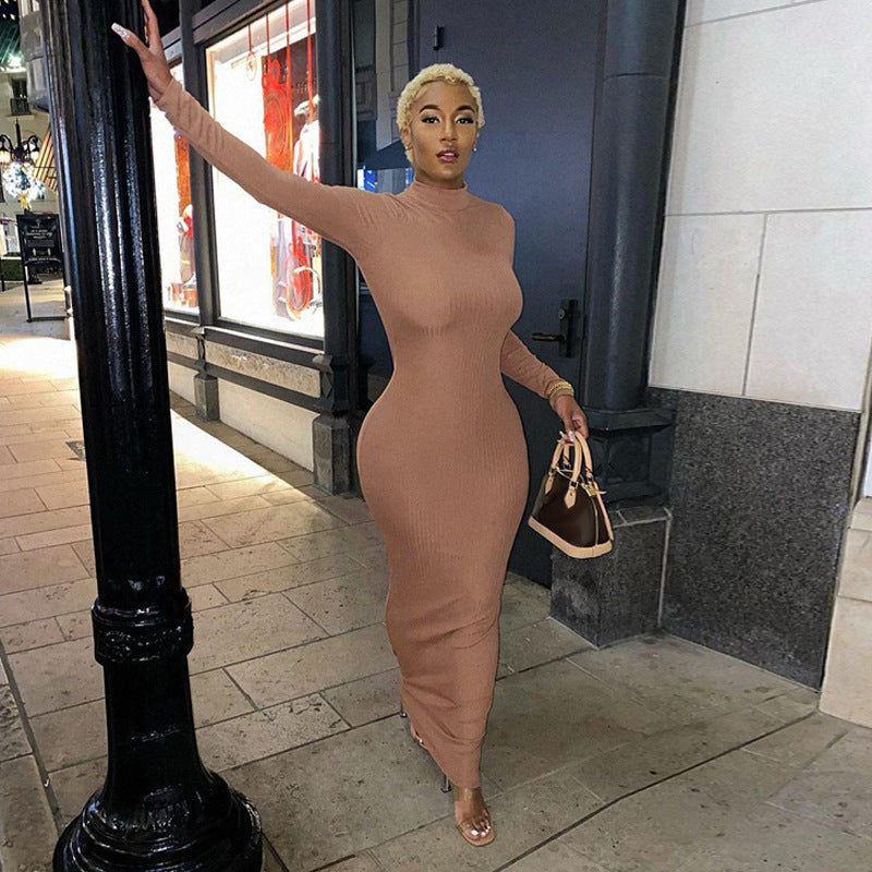 Spring And Summer New Sexy Open Back Round Neck Long Sleeve Dress