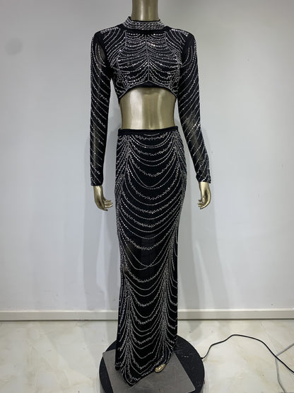 See-through Rhinestone Short Top High Waist Skirt Suit
