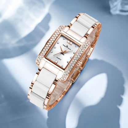 New Womens High End Quartz Square Watch With Ceramic Look And Diamond Accents