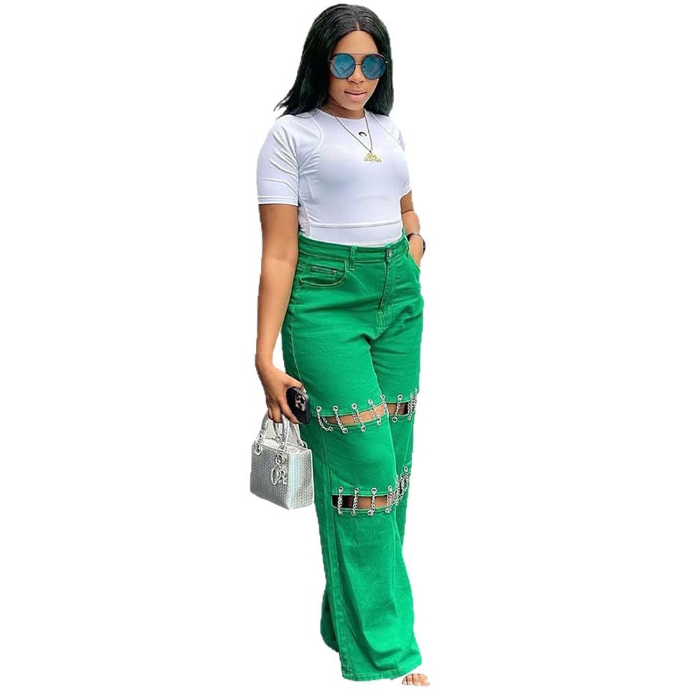 Womens Patchwork Casual Hole-Studded Chain-Trimmed Pants