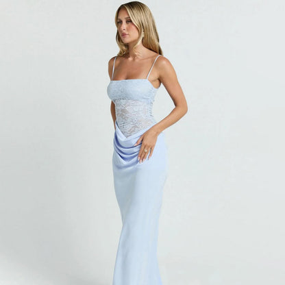 Sexy Chic Strapless Lace-Patchwork Evening Gown Long Fashion Street-Style Slim-Fit Slip Dress With Open Back
