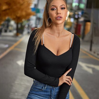 Fashion Design Shoulder Rhinestone Long Sleeve Top