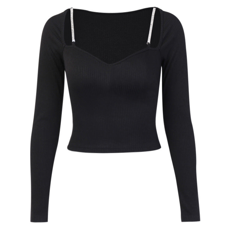Fashion Design Shoulder Rhinestone Long Sleeve Top