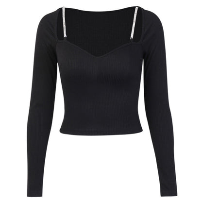 Fashion Design Shoulder Rhinestone Long Sleeve Top