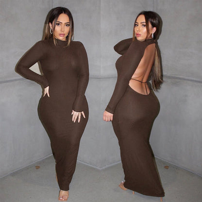 Spring And Summer New Sexy Open Back Round Neck Long Sleeve Dress