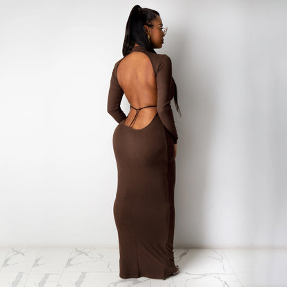 Spring And Summer New Sexy Open Back Round Neck Long Sleeve Dress