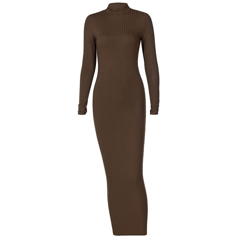 Spring And Summer New Sexy Open Back Round Neck Long Sleeve Dress