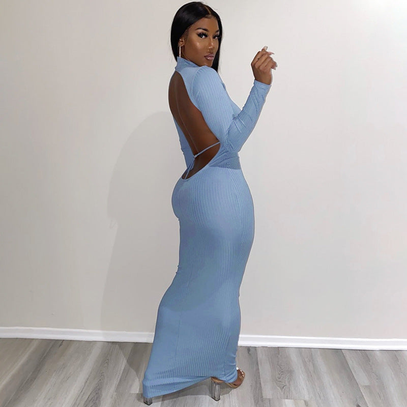 Spring And Summer New Sexy Open Back Round Neck Long Sleeve Dress