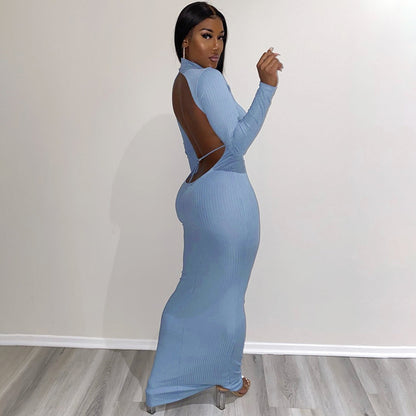 Spring And Summer New Sexy Open Back Round Neck Long Sleeve Dress