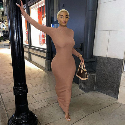 Spring And Summer New Sexy Open Back Round Neck Long Sleeve Dress
