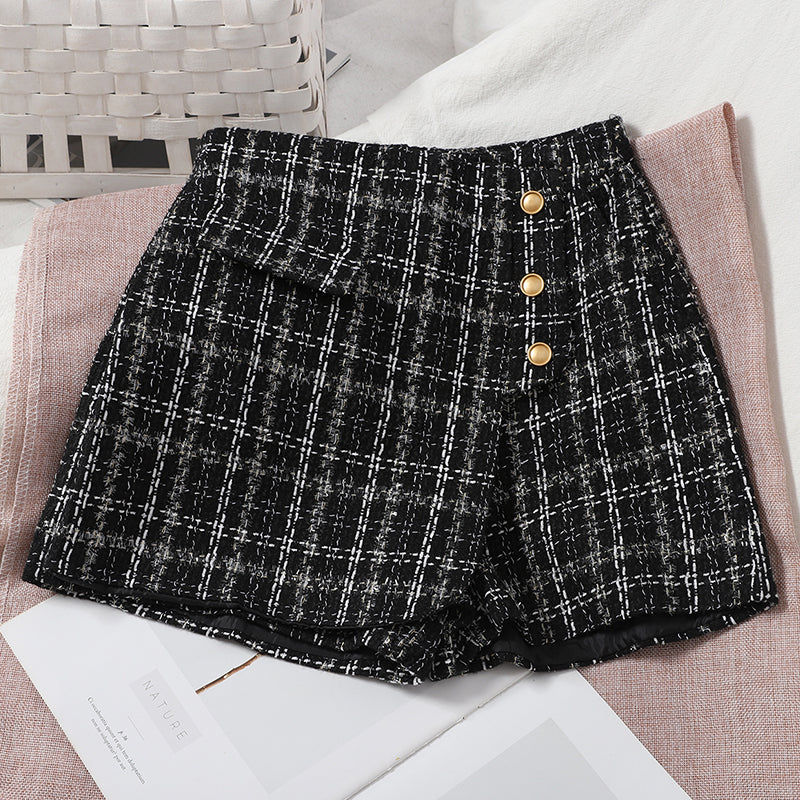 Versatile Age Reducing Irregular Plaid Skirt Pants Korean Version High Waist Tweed Shorts Wide Leg Pants Straight Pants