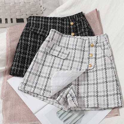 Versatile Age Reducing Irregular Plaid Skirt Pants Korean Version High Waist Tweed Shorts Wide Leg Pants Straight Pants