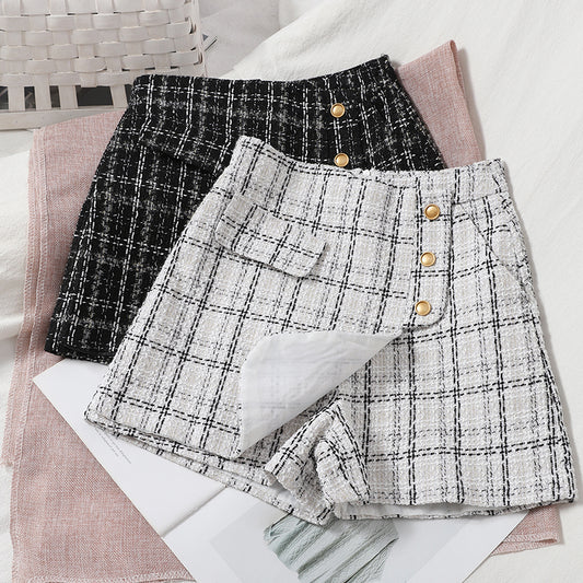Versatile Age Reducing Irregular Plaid Skirt Pants Korean Version High Waist Tweed Shorts Wide Leg Pants Straight Pants