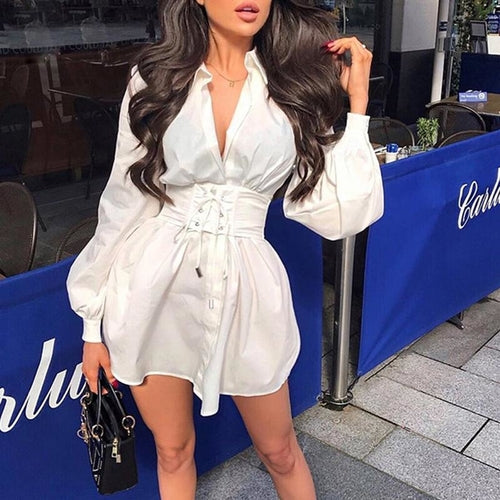 Elegant belt white office shirt dress Women lantern sleeve