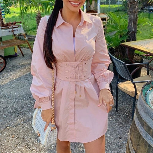 Elegant belt white office shirt dress Women lantern sleeve