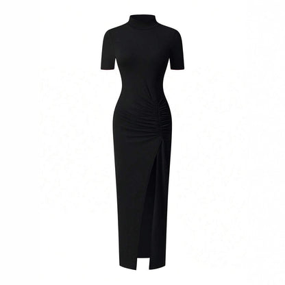Womens Solid-Colored Short-Sleeve Mock Neck Pleated Slit Dress