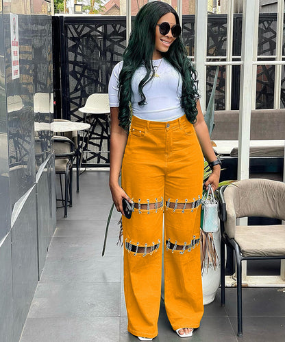Womens Patchwork Casual Hole-Studded Chain-Trimmed Pants