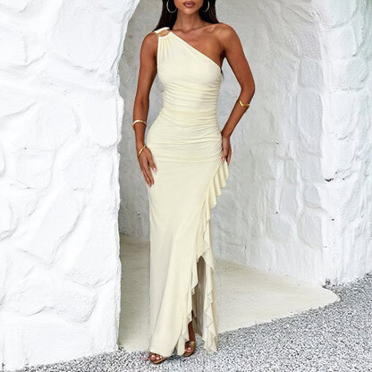 Women's Slant-Shoulder Ruffle-Front Split Dress
