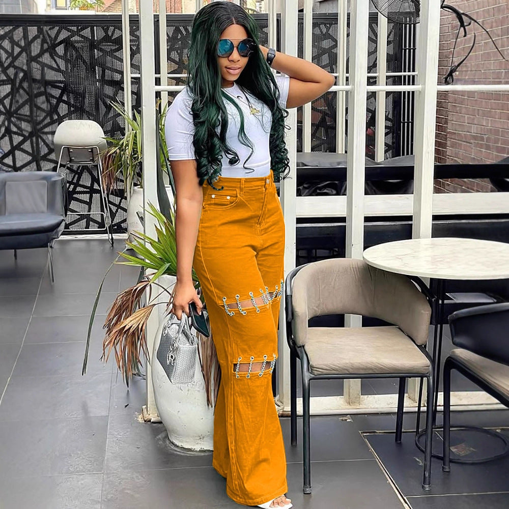 Womens Patchwork Casual Hole-Studded Chain-Trimmed Pants