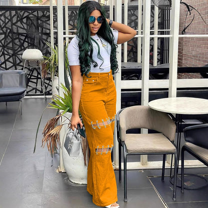 Womens Patchwork Casual Hole-Studded Chain-Trimmed Pants