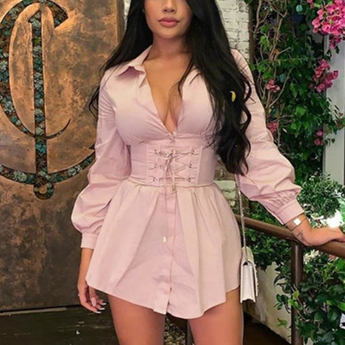 Elegant belt white office shirt dress Women lantern sleeve