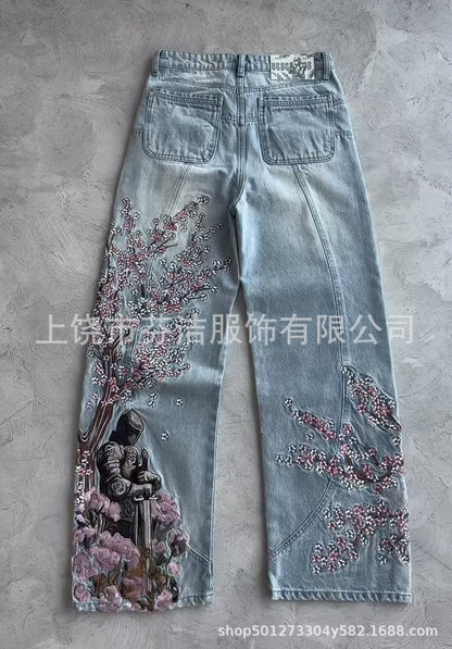 3D Digital-print Floral Faux Denim Straight-leg Floor-length Pants
