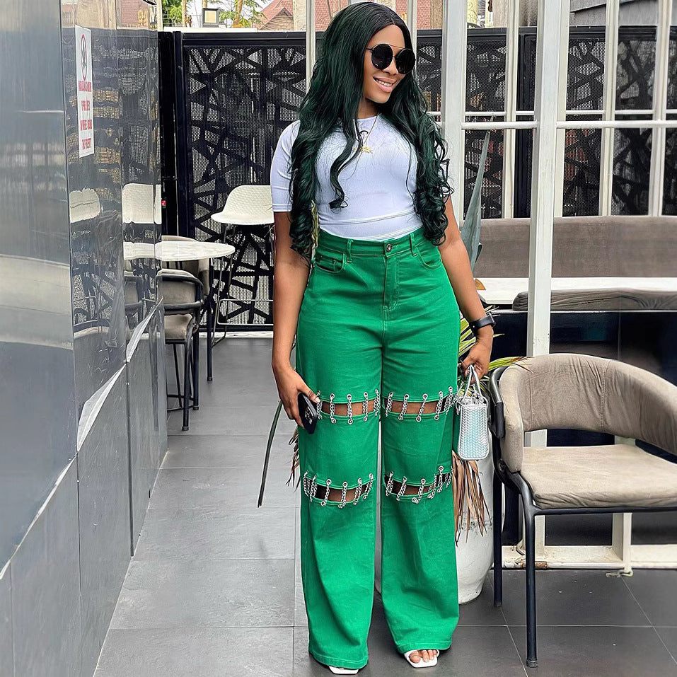 Womens Patchwork Casual Hole-Studded Chain-Trimmed Pants