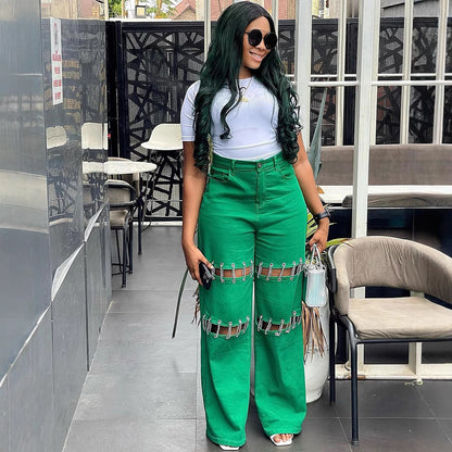 Womens Patchwork Casual Hole-Studded Chain-Trimmed Pants