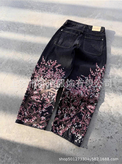 3D Digital-print Floral Faux Denim Straight-leg Floor-length Pants