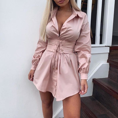 Elegant belt white office shirt dress Women lantern sleeve