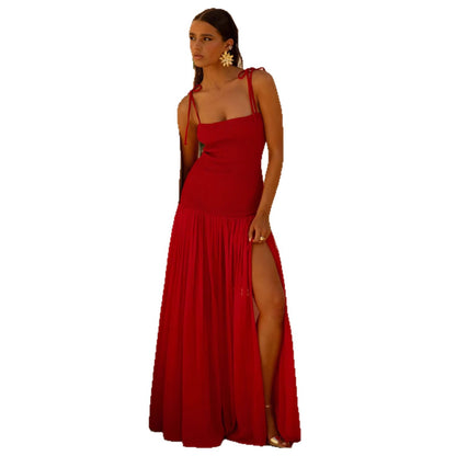 Womens Solid-Colored Sleeveless Slip Pleated Maxi Dress