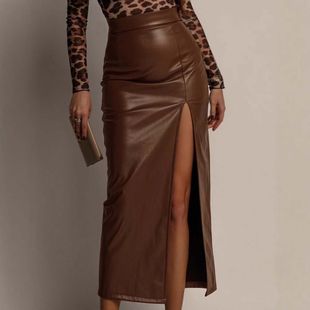 High-waisted Figure-flattering Solid-color Leather Pencil Skirt