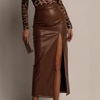 High-waisted Figure-flattering Solid-color Leather Pencil Skirt