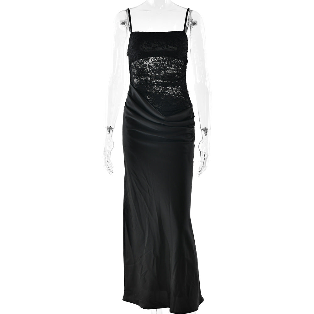 Sexy Chic Strapless Lace-Patchwork Evening Gown Long Fashion Street-Style Slim-Fit Slip Dress With Open Back