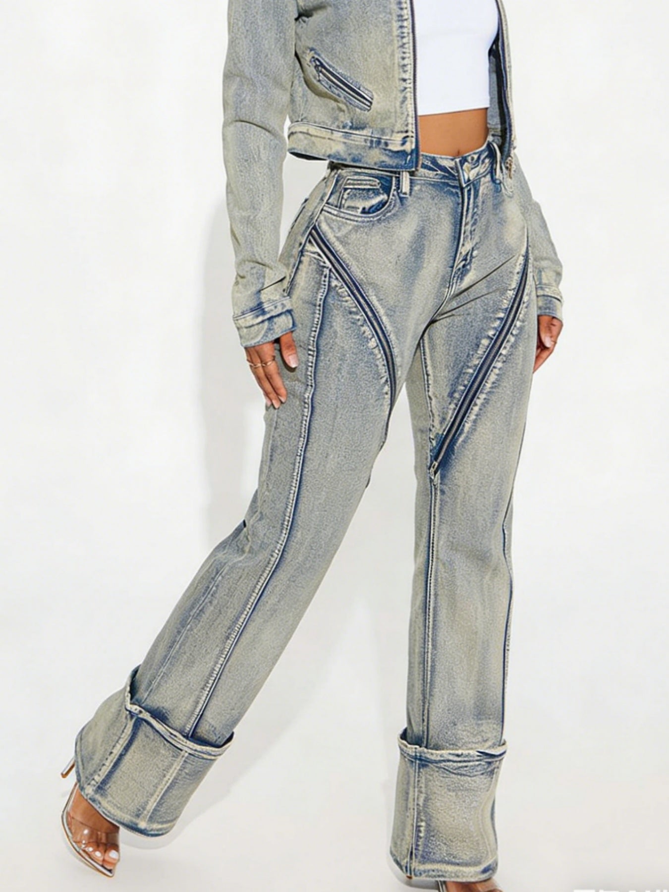 New Fashionable And Sexy Women's High Elasticity Washed Zipper Denim Pants