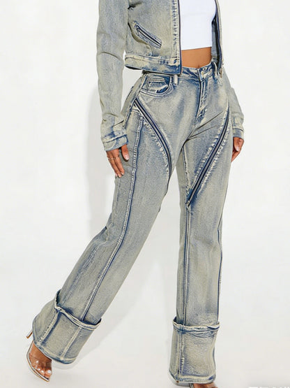 New Fashionable And Sexy Women's High Elasticity Washed Zipper Denim Pants