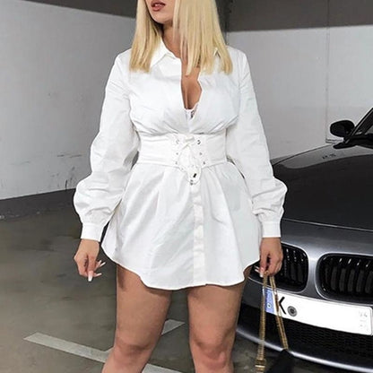 Elegant belt white office shirt dress Women lantern sleeve