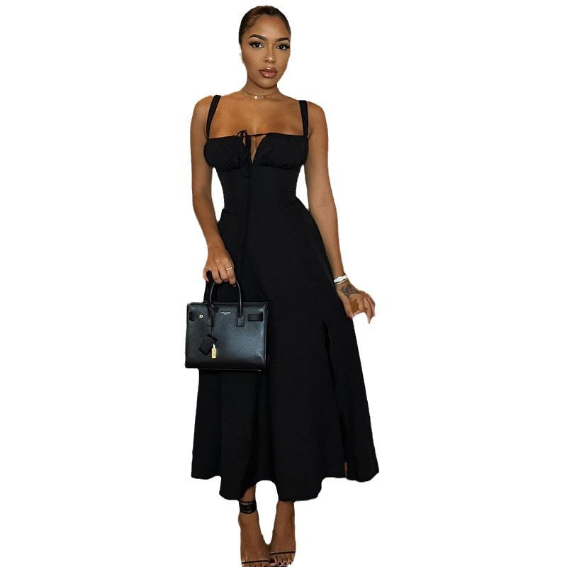Womens Solid-Colored Bustier Slit Lace-Up Casual Dress