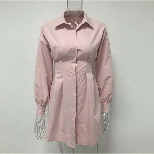 Elegant belt white office shirt dress Women lantern sleeve