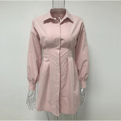 Elegant belt white office shirt dress Women lantern sleeve