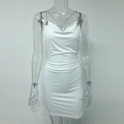 Satin drape elegant backless white dress Women sleeveless