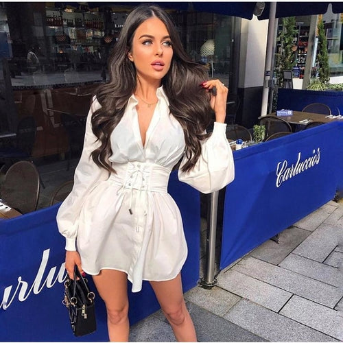 Elegant belt white office shirt dress Women lantern sleeve