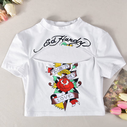 Printed Rose Slim Crop-top Short Top