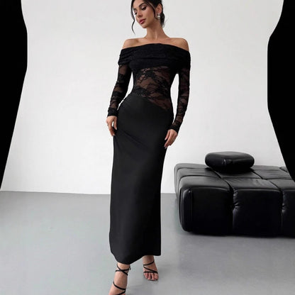 Womens Sexy Hollow-Out Lace Long-Sleeve Dress