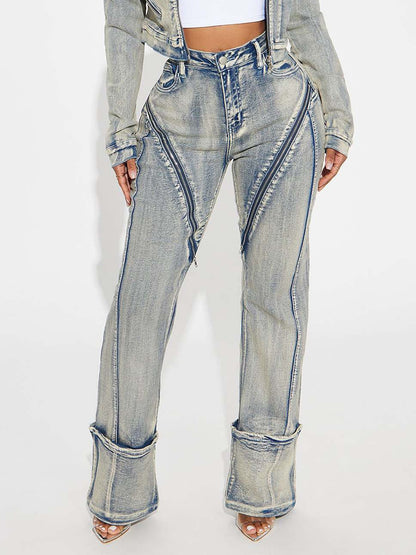 New Fashionable And Sexy Women's High Elasticity Washed Zipper Denim Pants