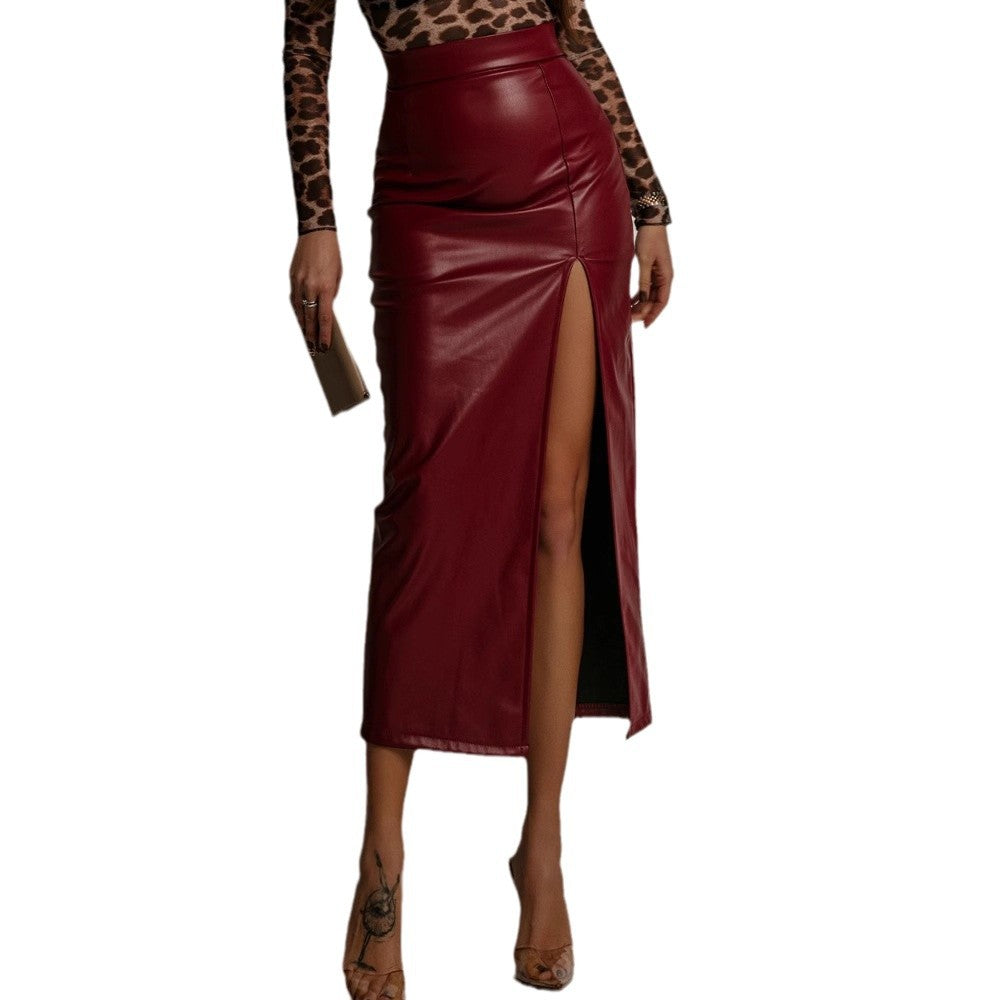 High-waisted Figure-flattering Solid-color Leather Pencil Skirt