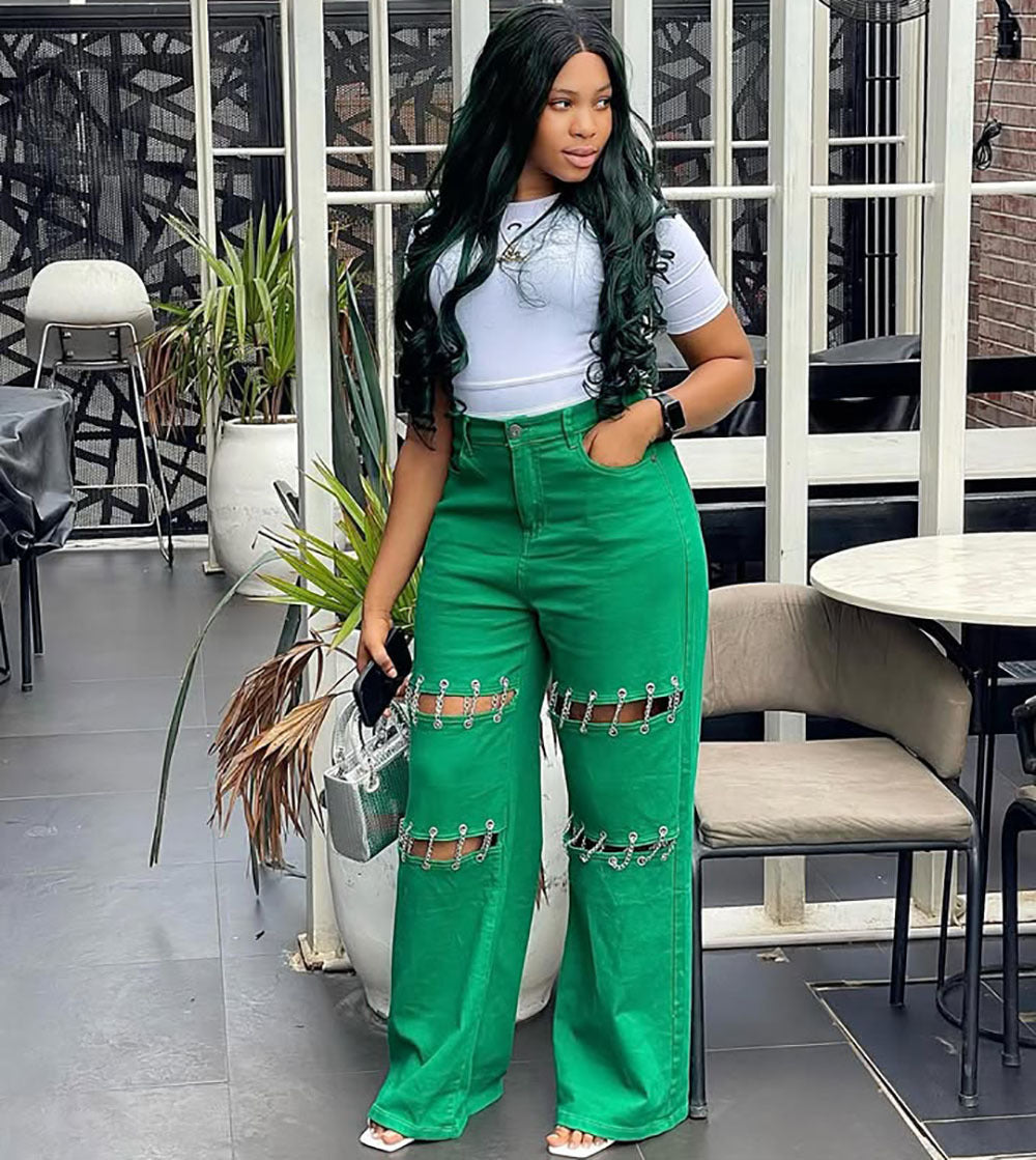 Womens Patchwork Casual Hole-Studded Chain-Trimmed Pants