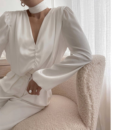 Solid-color French-style Womens Top With Tummy-flattering Pleats And Long Sleeves