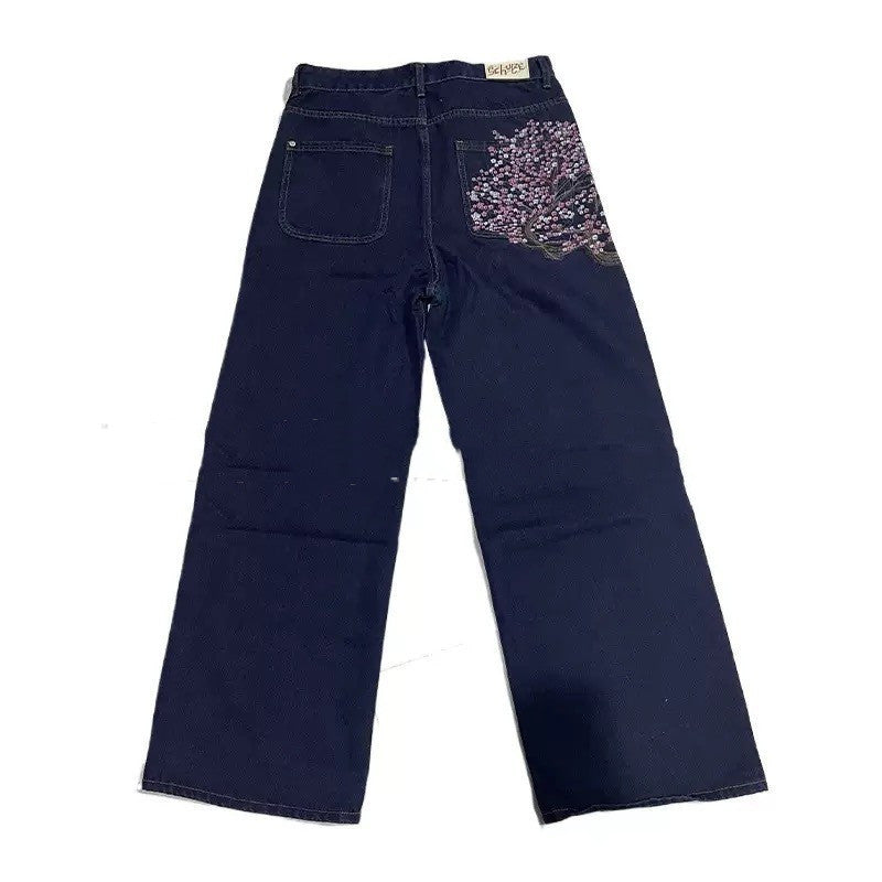 3D Digital-print Floral Faux Denim Straight-leg Floor-length Pants