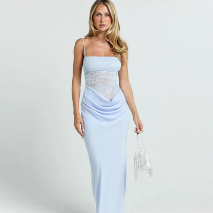 Sexy Chic Strapless Lace-Patchwork Evening Gown Long Fashion Street-Style Slim-Fit Slip Dress With Open Back